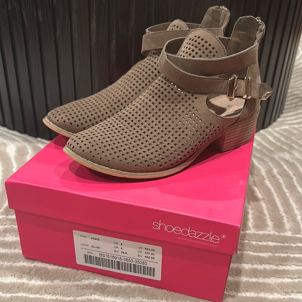 Shoe Dazzle Olive Ankle Booties with Perforated Design - Women US Size 8